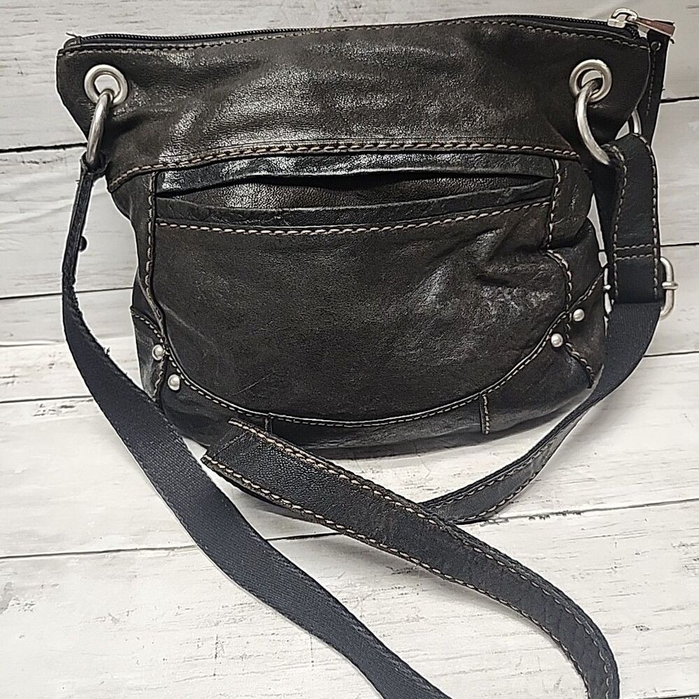 VINTAGE FOSSIL Brown Black Genuine Leather Crossbody Bag Boho-Grunge - Picture 3 of 15